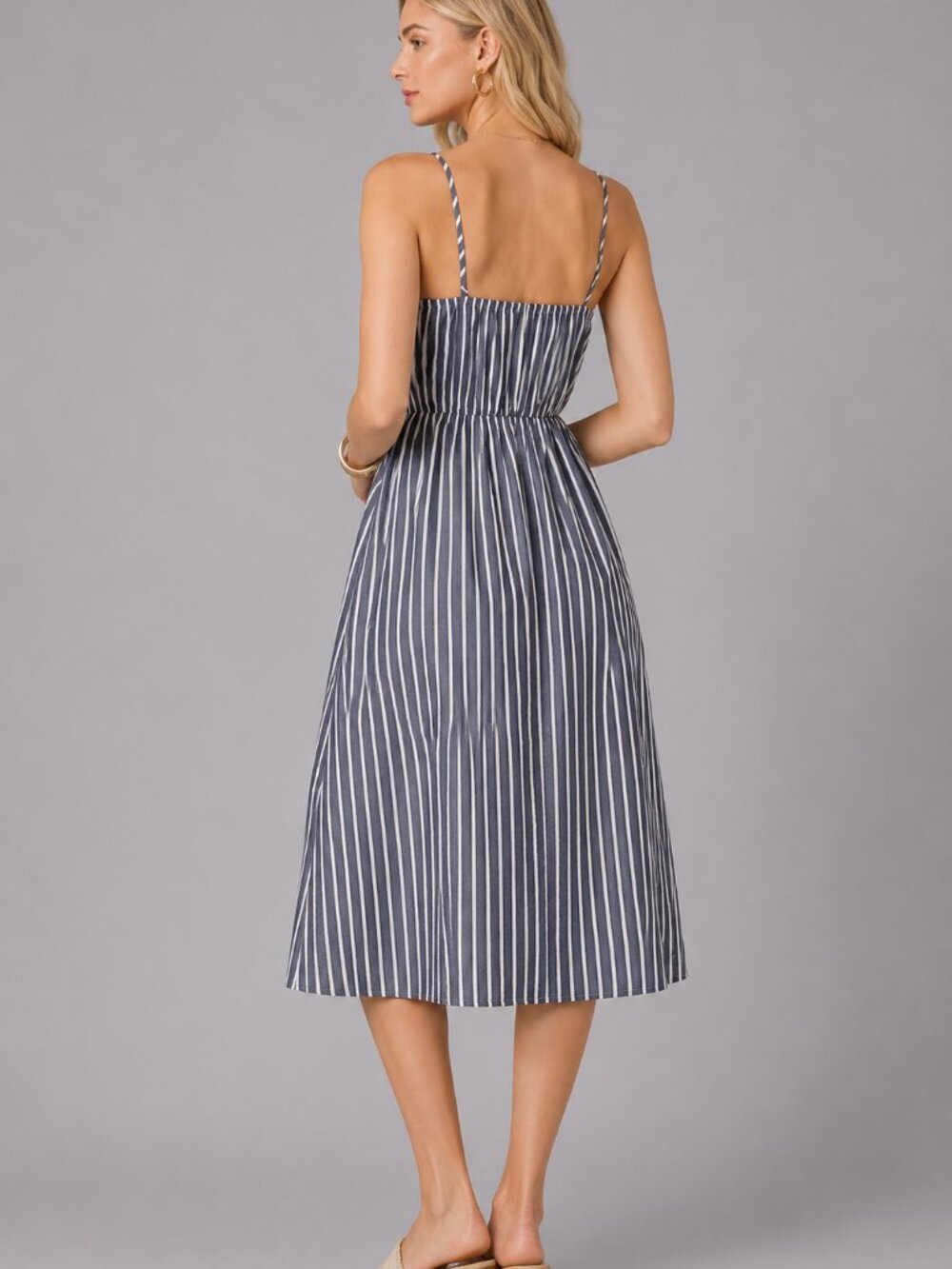 Women's Cotton Striped Midi Sundress Button Front Spaghetti Strap Casual Dress - Picture 2 of 6